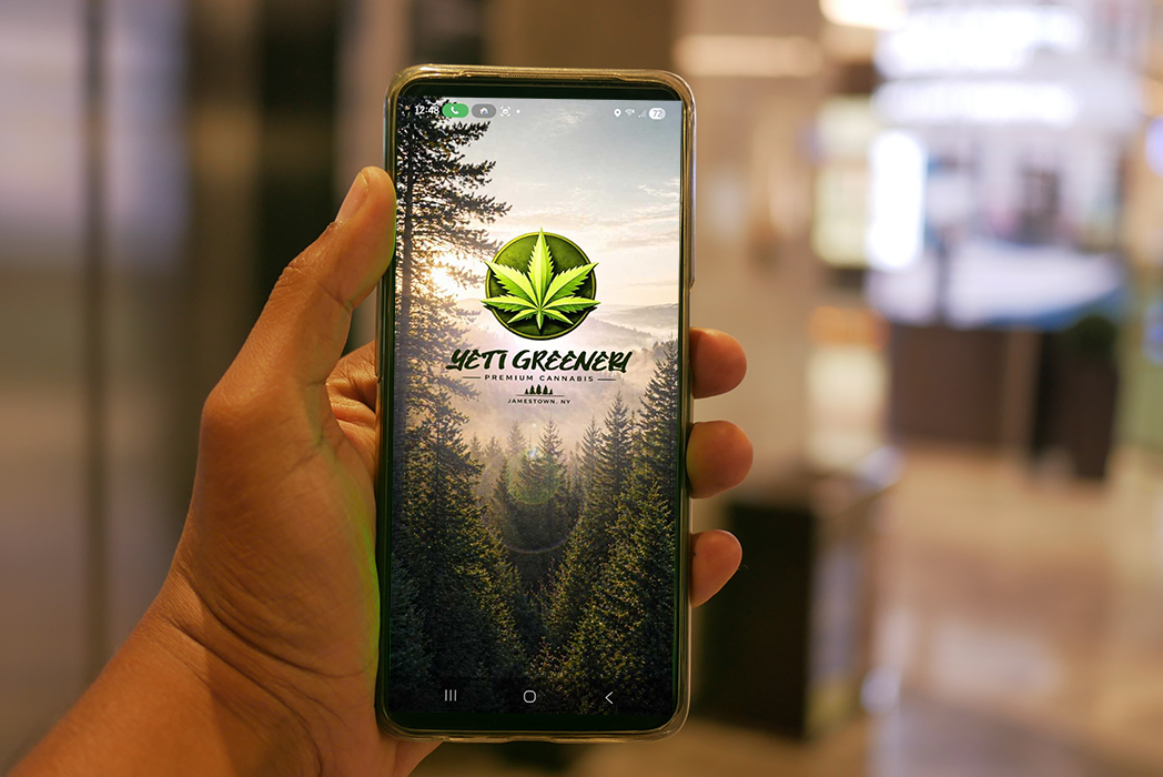 Hand holding a phone showing the Yeti Greenery app